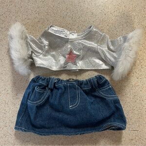 Build a bear sparkly Outfit honey girls? Jean skirt glittery fur star top